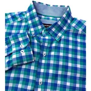 Johnston & Murphy Mens Button Down Shirt Long Sleeve Blue Green Plaid Large
